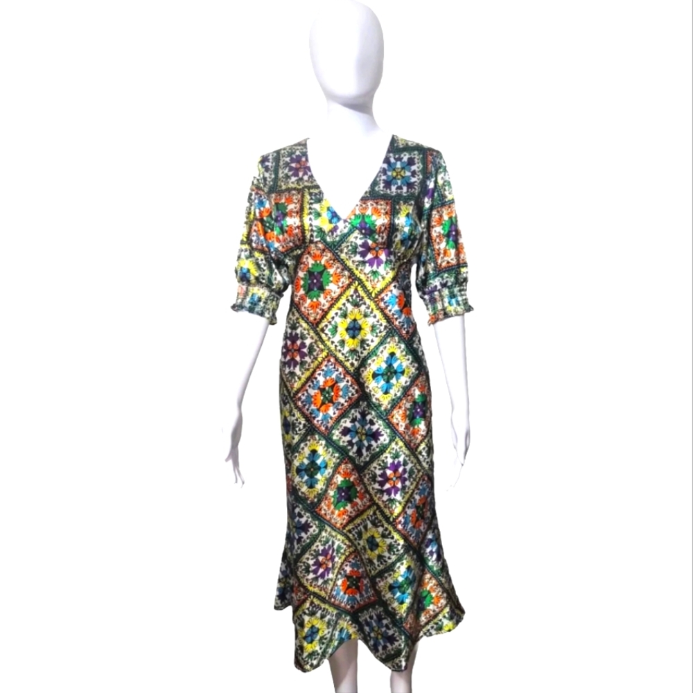 Bonheur D'amour Puff Sleeve Empire Waist Kaleidoscope  Midi dress Size Medium